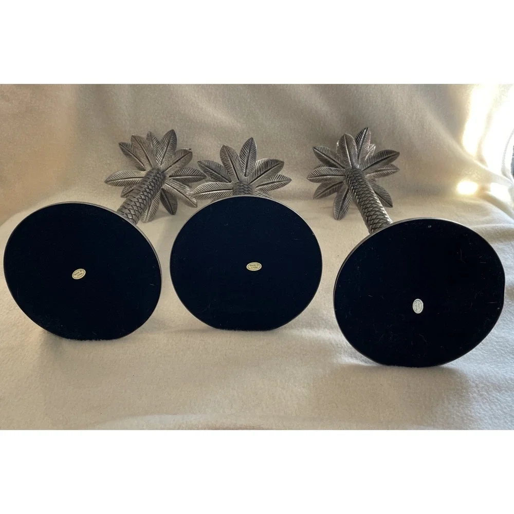 Vintage Set 3 Metal Palm Tree Taper Candle Holders Silver Blackwash Felt Bottom
